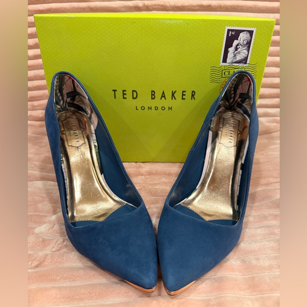Ted Baker Melnis Denim Blue Heels with Gold Accents - Picture 8 of 16